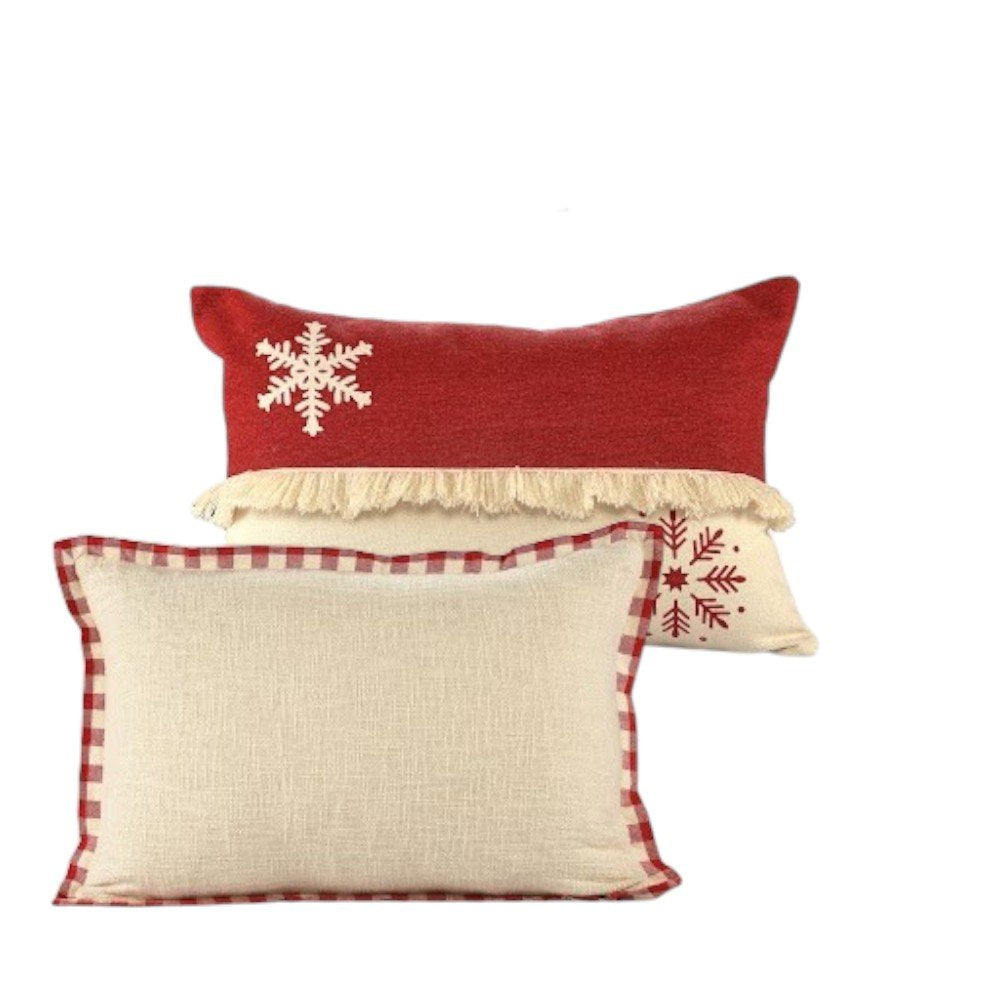 Set of Two Ivory And Red Lumbar Christmas Plaid Cotton Throw Pillow Covers with Fringe on a white background