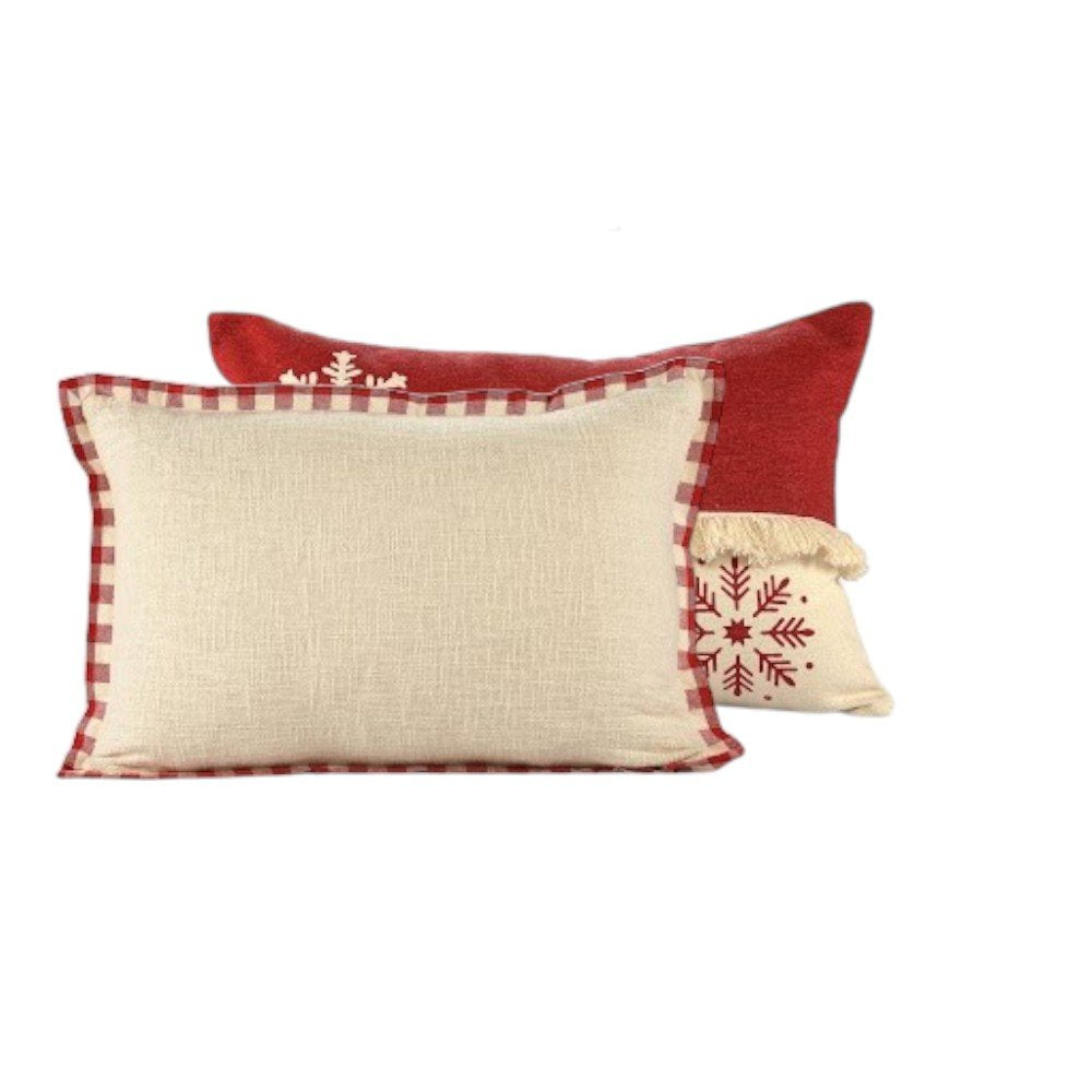 Set of Two Ivory And Red Lumbar Christmas Plaid Cotton Throw Pillow Covers with Fringe on a white background
