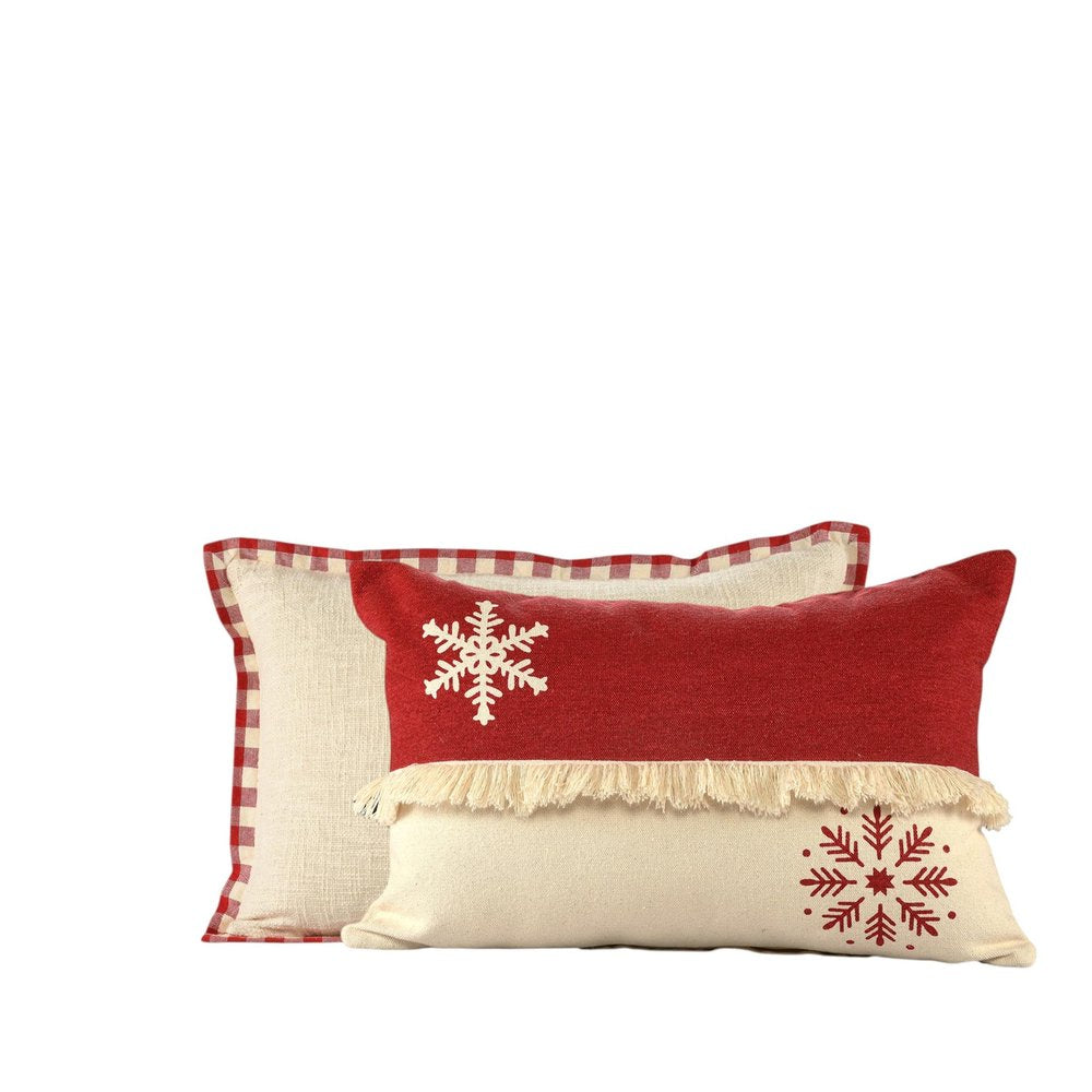 Set of Two Ivory And Red Lumbar Christmas Plaid Cotton Throw Pillow Covers with Fringe on a white background