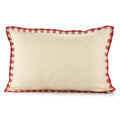 Set of Two Ivory And Red Lumbar Christmas Plaid Cotton Throw Pillow Covers with Fringe on a white background