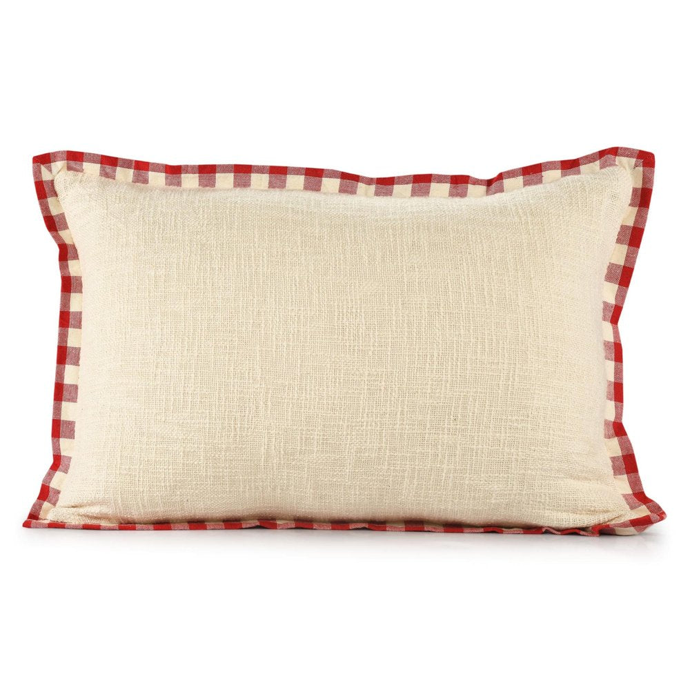 Rectangular ivory cotton throw pillow cover with red and white gingham trim on a white background.
