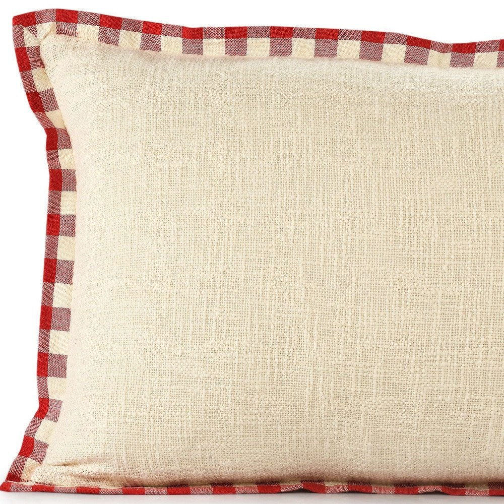 Set of Two Ivory And Red Lumbar Christmas Plaid Cotton Throw Pillow Covers with Fringe close-up detail