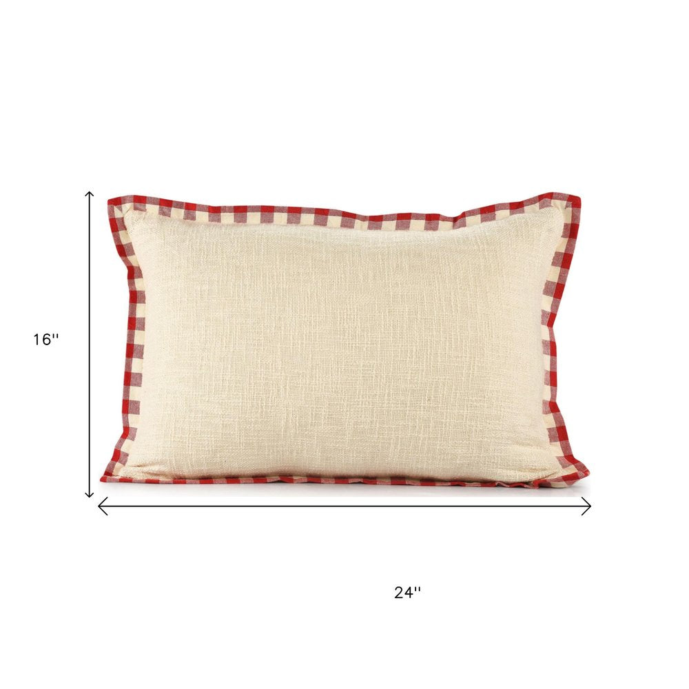 Set of Two Ivory And Red Lumbar Christmas Plaid Cotton Throw Pillow Covers with Fringe