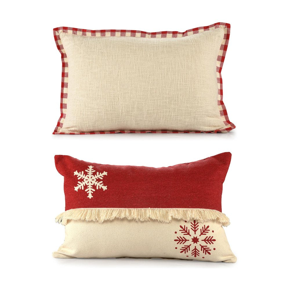 Set of Two Ivory And Red Lumbar Christmas Plaid Cotton Throw Pillow Covers with Fringe on a white background