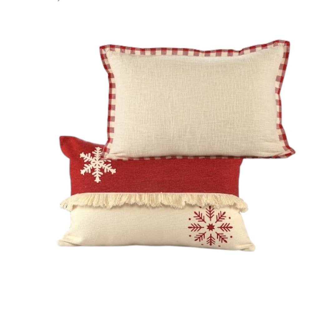 Set of Two Ivory And Red Lumbar Christmas Plaid Cotton Throw Pillow Covers with Fringe on a white background
