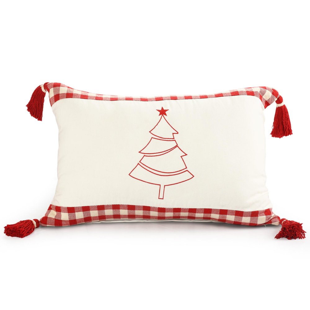 Rectangular cream throw pillow with red embroidered Christmas tree, red and white gingham trim, and red tassels on white background.