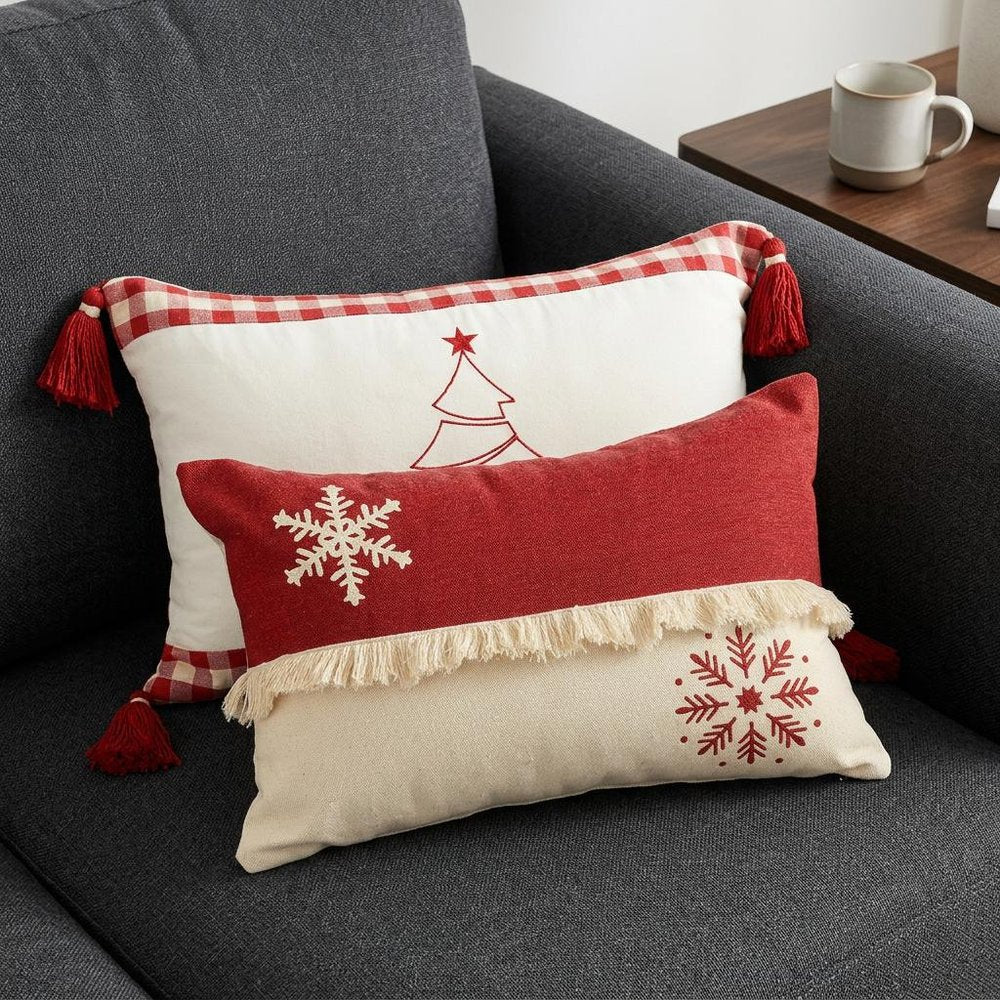 Set of Two Red And White Lumbar Christmas Cotton Throw Pillow Covers in a home interior