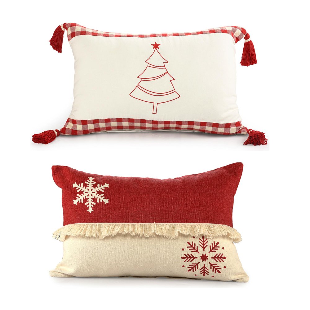 Set of Two Red And White Lumbar Christmas Cotton Throw Pillow Covers on a white background