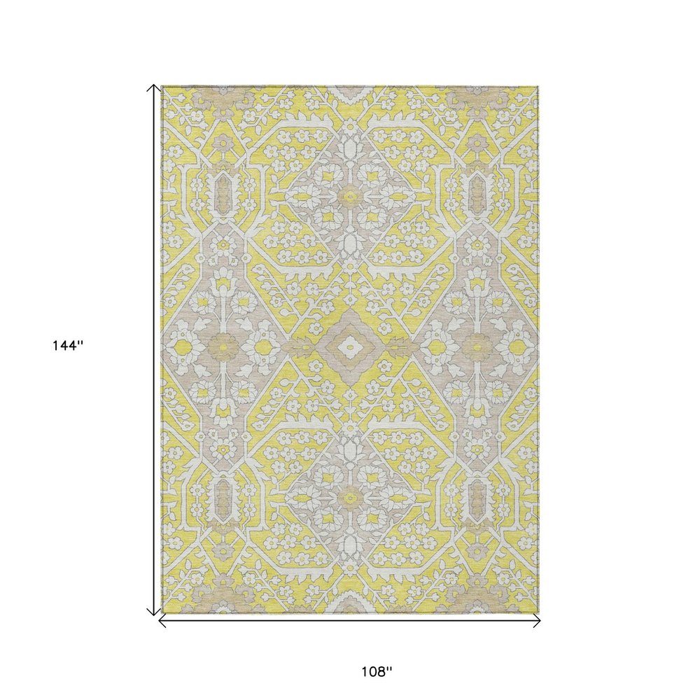 9' X 12' Yellow Ivory And Beige Floral Washable Indoor Outdoor Area Rug on a white background