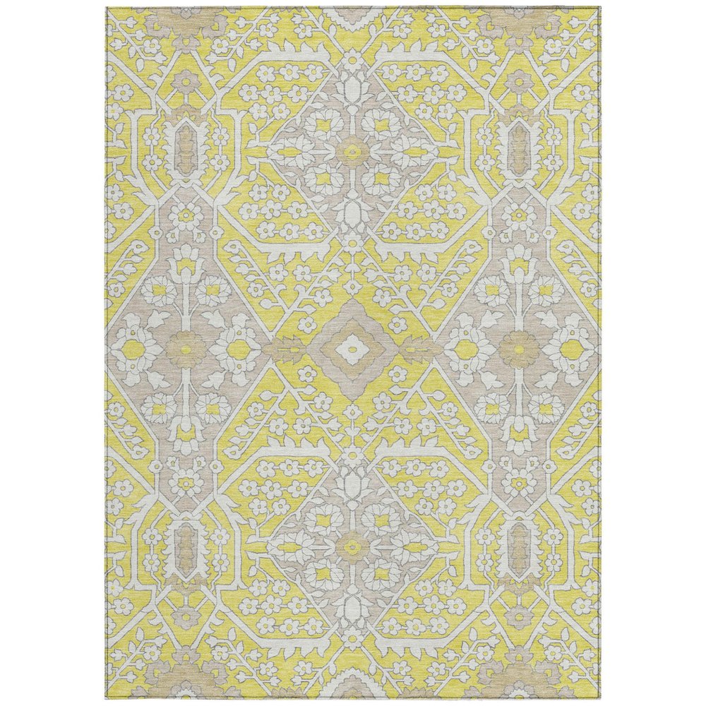 9' X 12' Yellow Ivory And Beige Floral Washable Indoor Outdoor Area Rug on a white background
