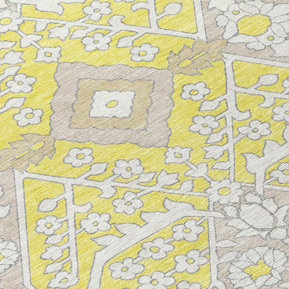 9' X 12' Yellow Ivory And Beige Floral Washable Indoor Outdoor Area Rug
