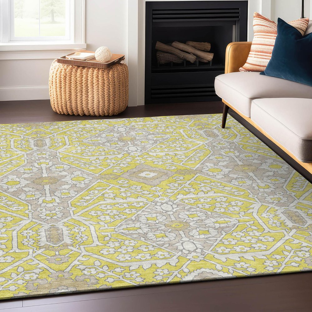 9' X 12' Yellow Ivory And Beige Floral Washable Indoor Outdoor Area Rug