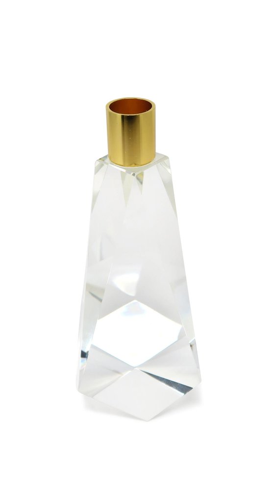 8" Clear And Gold Geo Faceted Crystal Tabletop Taper Candlestick
