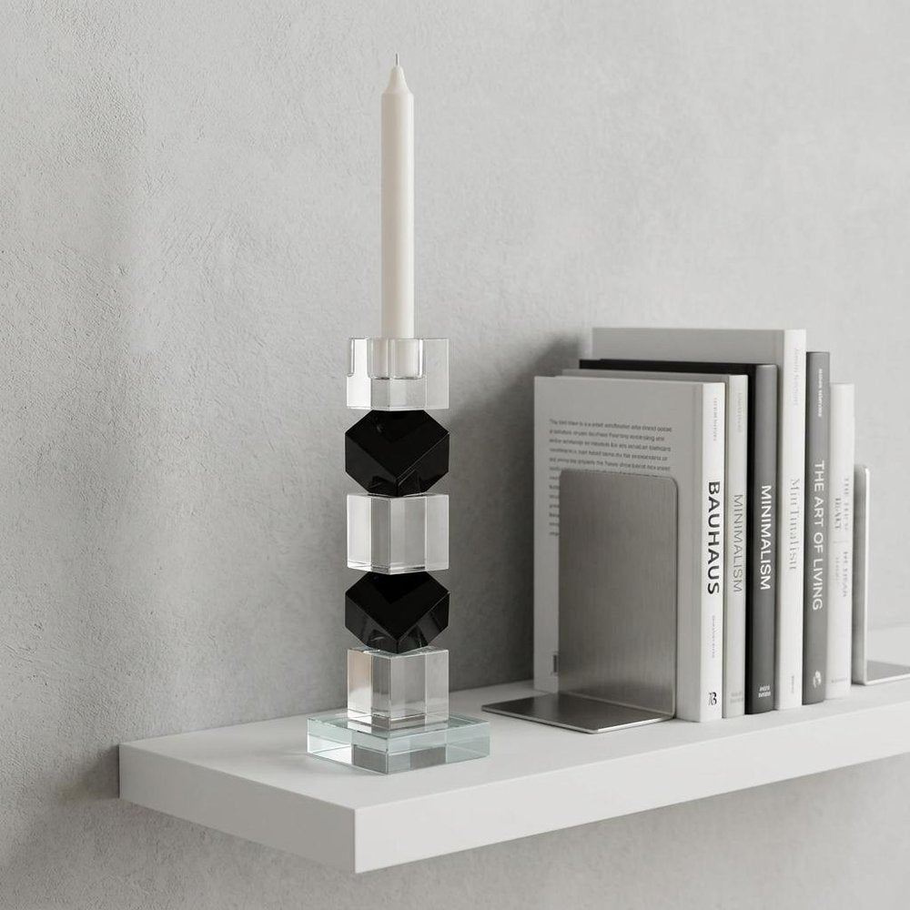 Set of Two Black And Clear Crystal Tabletop Taper Candlesticks