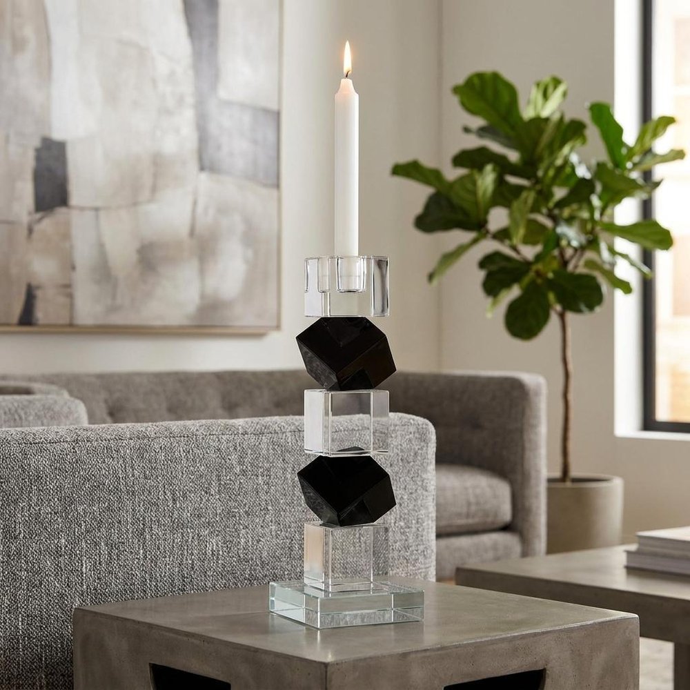 Set of Two Black And Clear Crystal Tabletop Taper Candlesticks