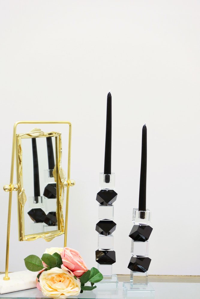 Set of Two Black And Clear Crystal Tabletop Taper Candlesticks