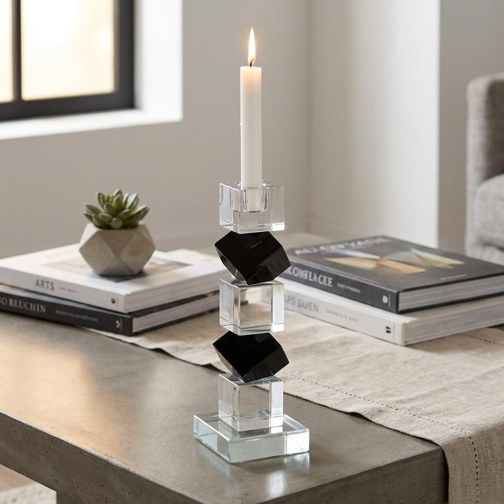 Set of Two Black And Clear Crystal Tabletop Taper Candlesticks