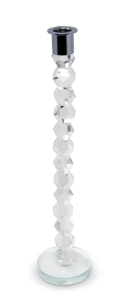 14" Clear And Silver Geo Stacks Crystal Tabletop Taper Candlestick