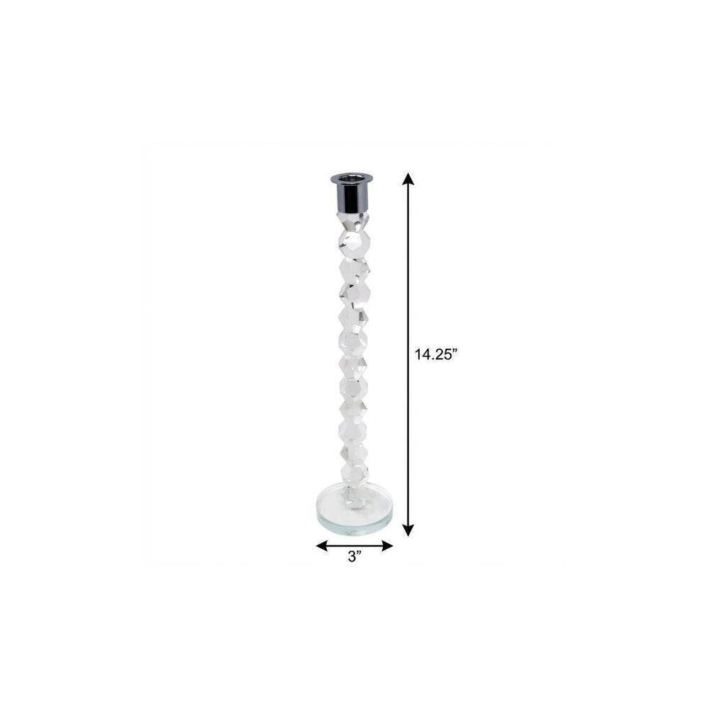 14" Clear And Silver Geo Stacks Crystal Tabletop Taper Candlestick