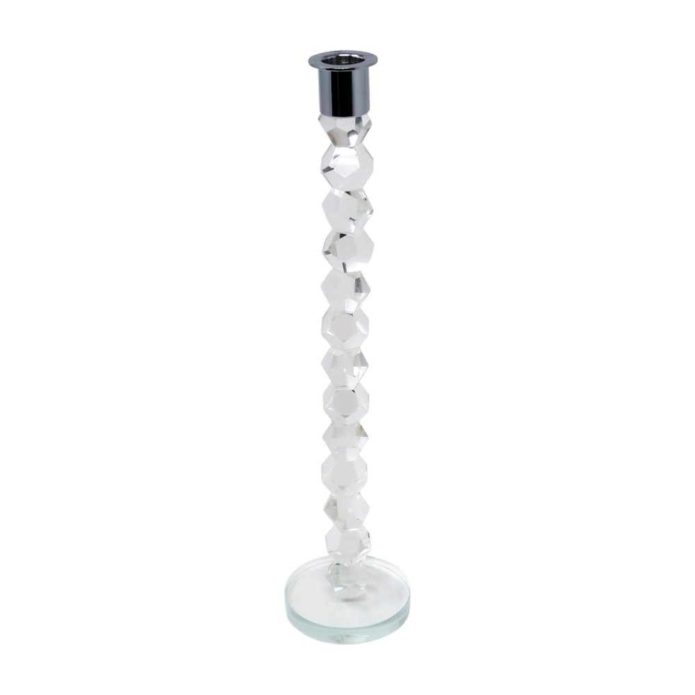 14" Clear And Silver Geo Stacks Crystal Tabletop Taper Candlestick
