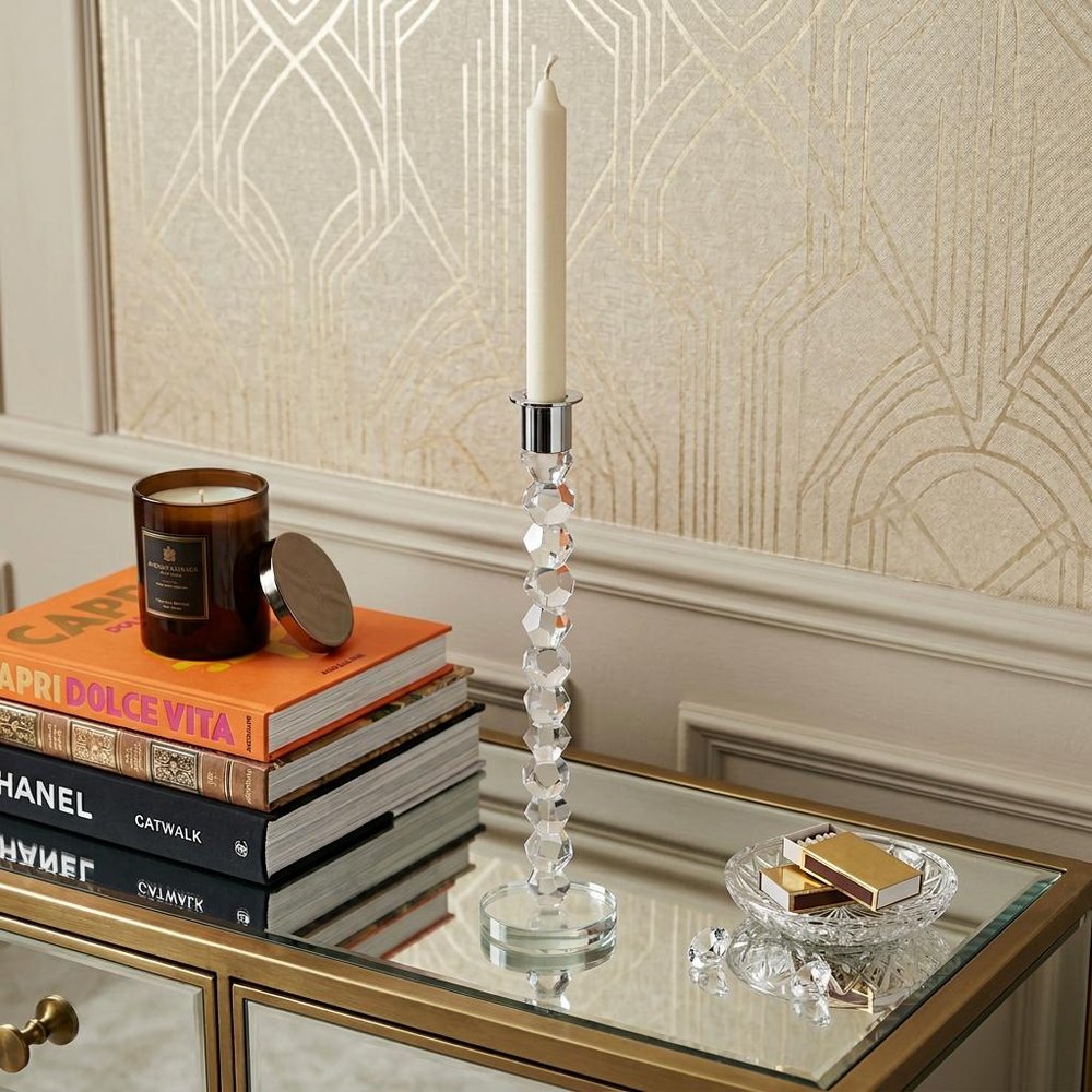 14" Clear And Silver Geo Stacks Crystal Tabletop Taper Candlestick