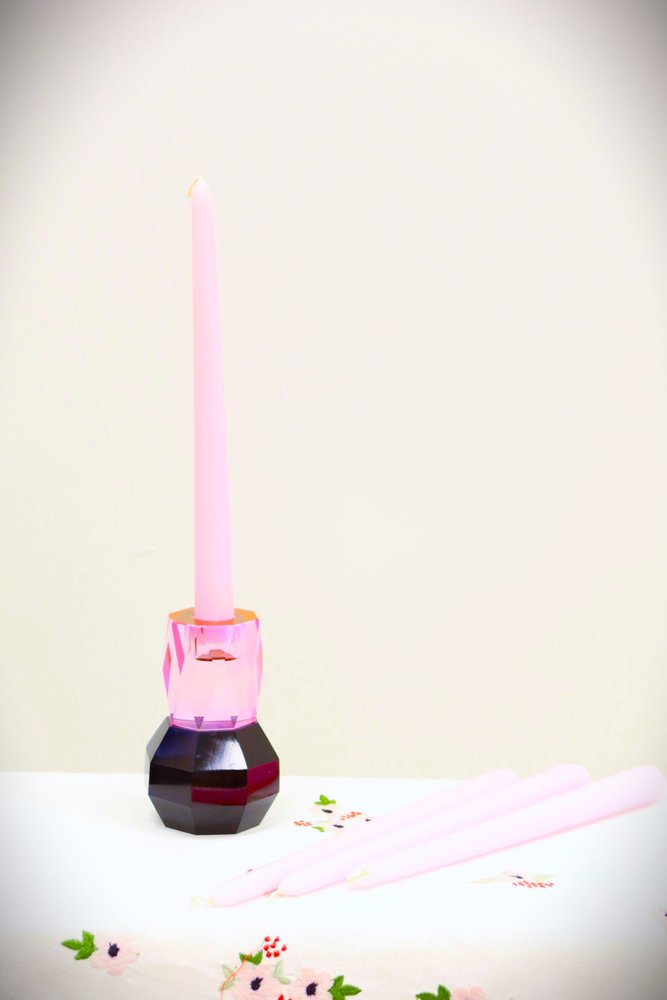 5" Pink And Black Faceted Crystal Tabletop Taper Candlestick