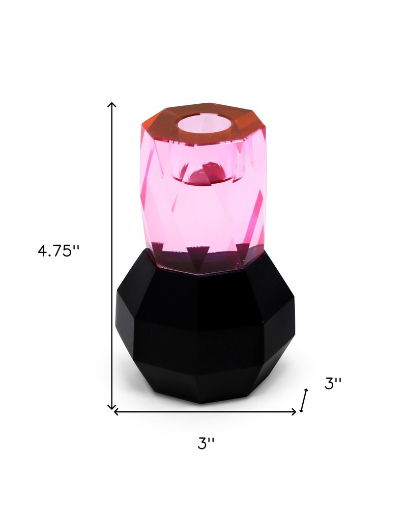5" Pink And Black Faceted Crystal Tabletop Taper Candlestick