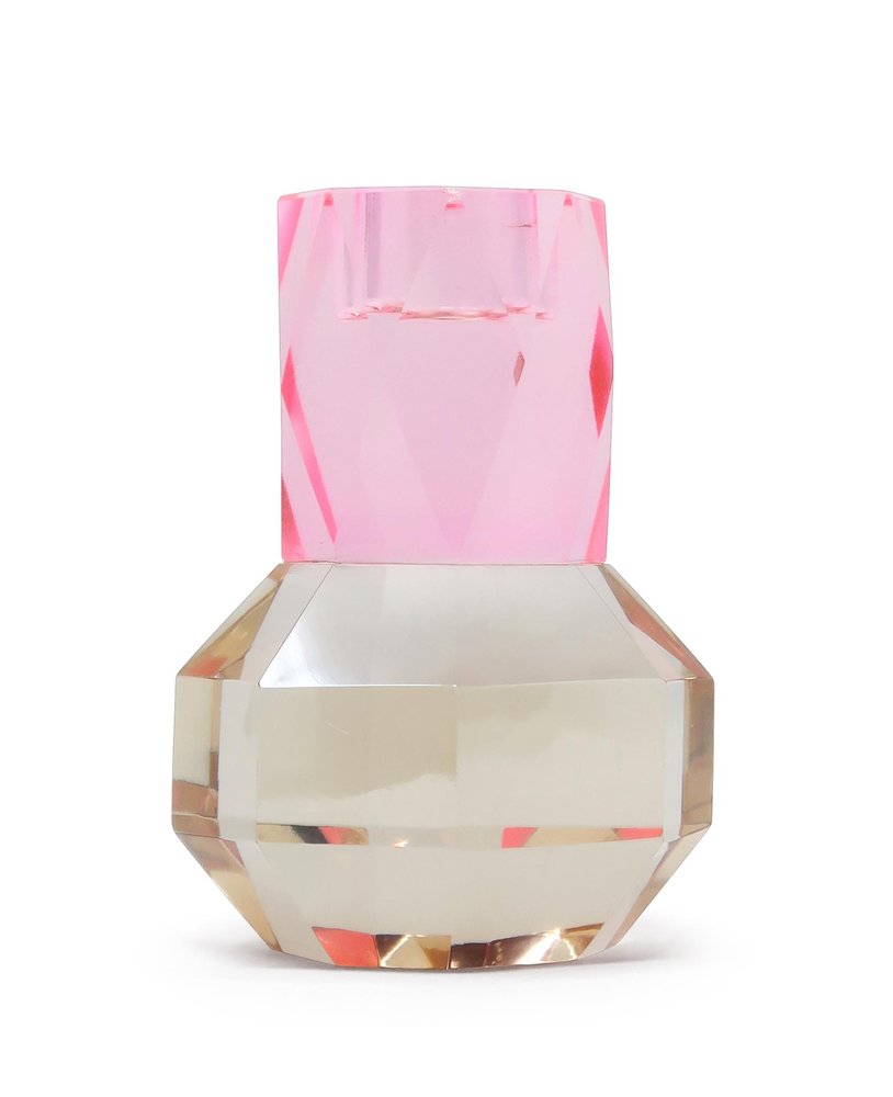 5" Pink And Clear Faceted Crystal Tabletop Taper Candlestick