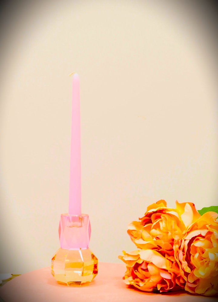 5" Pink And Clear Faceted Crystal Tabletop Taper Candlestick