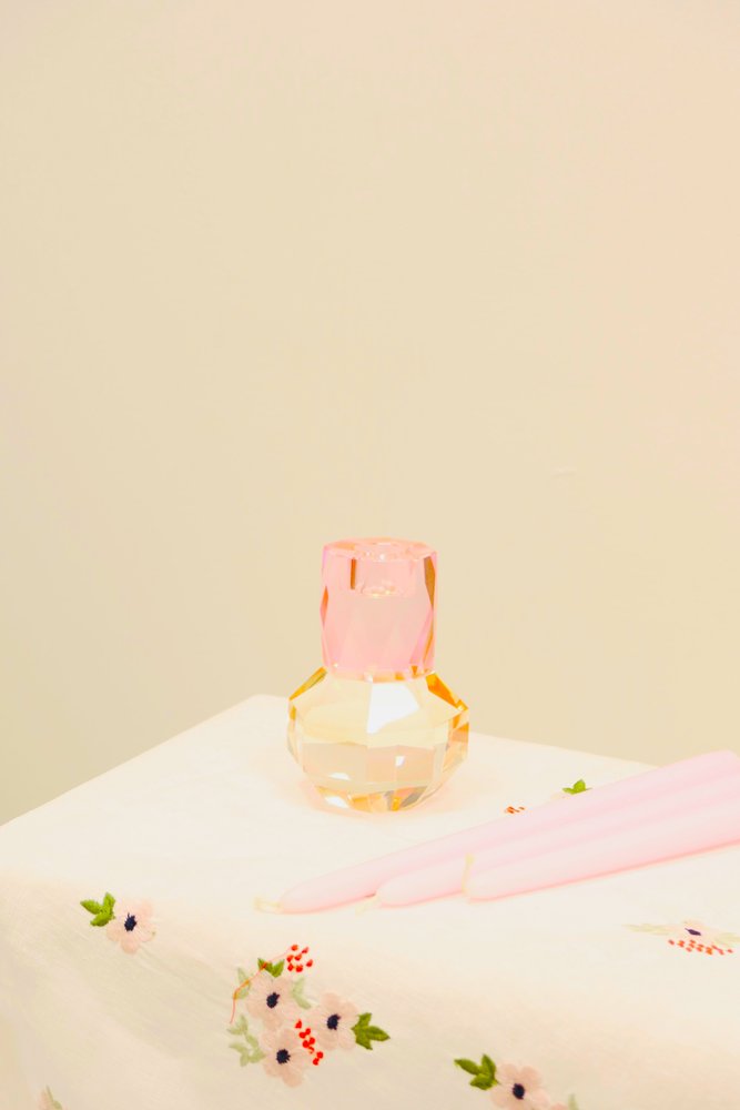 5" Pink And Clear Faceted Crystal Tabletop Taper Candlestick