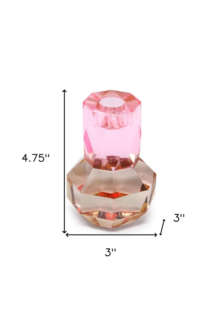 5" Pink And Clear Faceted Crystal Tabletop Taper Candlestick