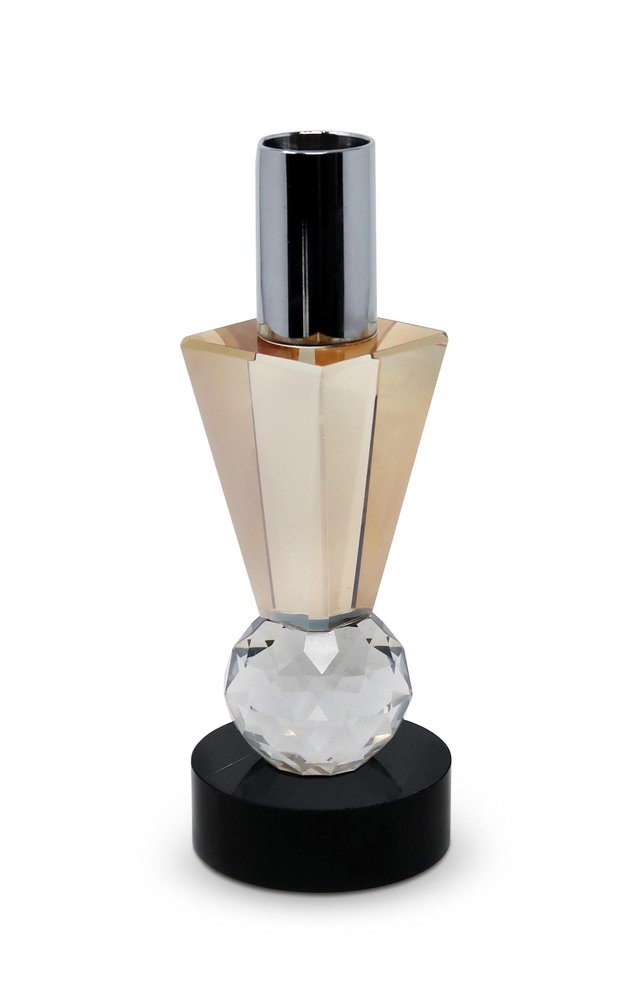 6" Silver Amber Clear And Black Faceted Crystal Tabletop Taper Candlestick