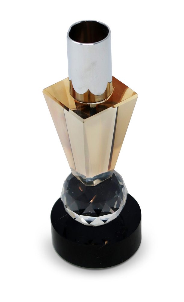 6" Silver Amber Clear And Black Faceted Crystal Tabletop Taper Candlestick