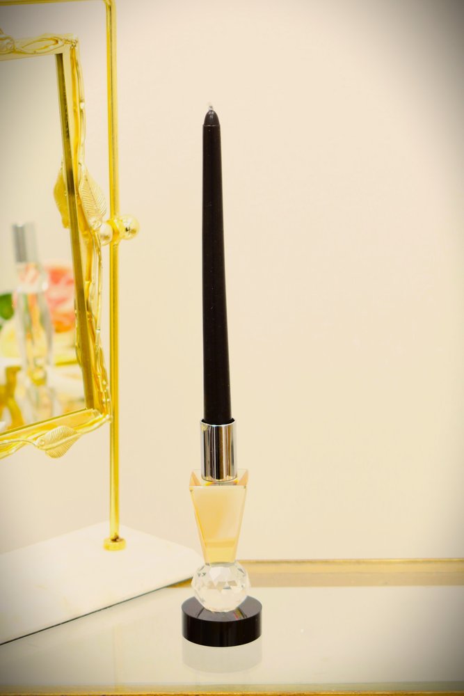 6" Silver Amber Clear And Black Faceted Crystal Tabletop Taper Candlestick