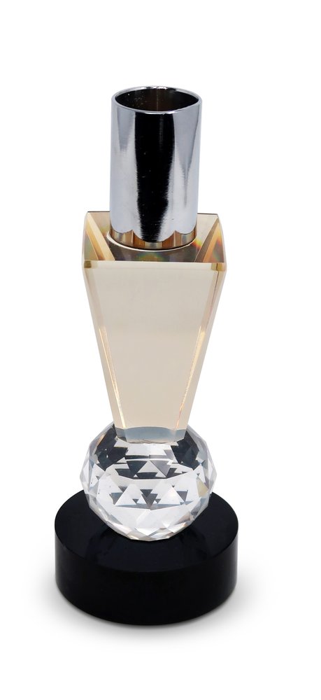 6" Silver Amber Clear And Black Faceted Crystal Tabletop Taper Candlestick