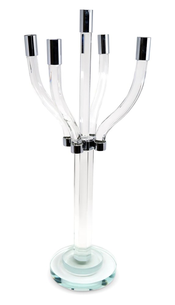 20" Clear And Silver Crystal Tabletop Contempo Candelabra Candle Holder