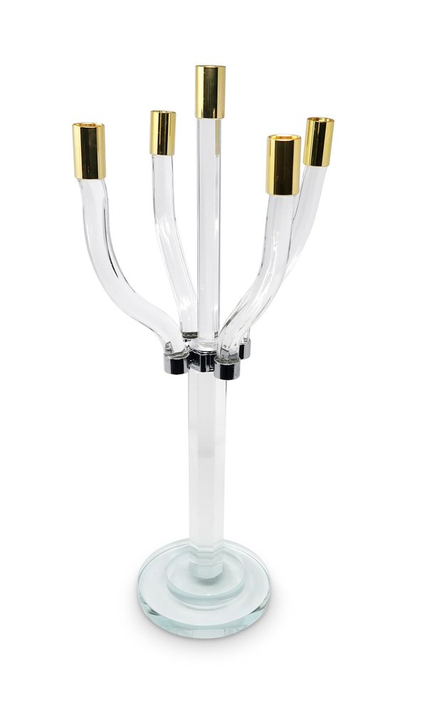 20" Clear Gold And Silver Crystal Tabletop Candelabra Candle Holder