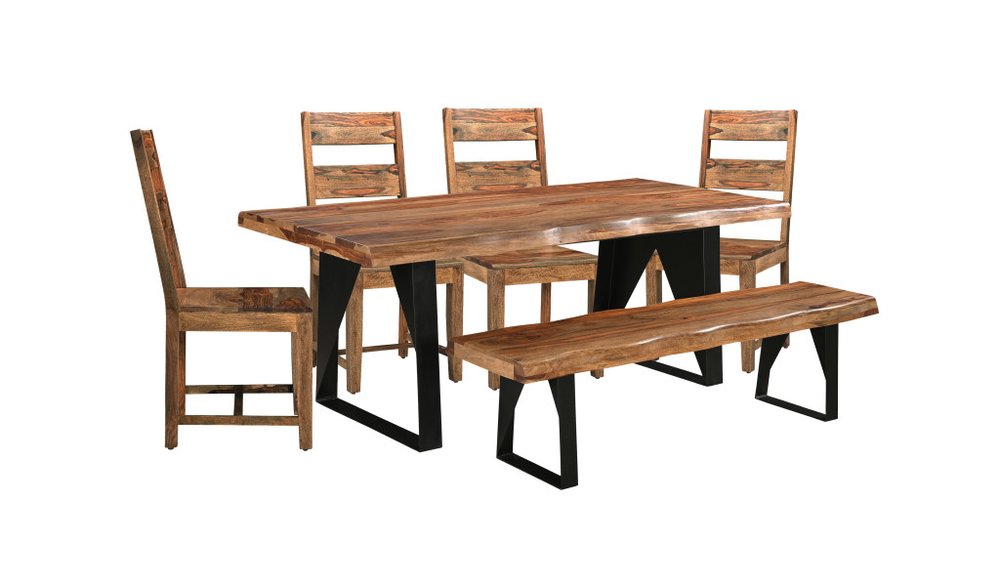 Brown solid wood dining set with four chairs, one bench, and a table with black metal legs on a white background.
