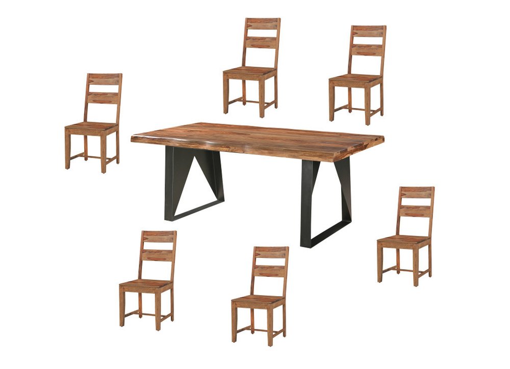 Seven Piece Brown and Black Solid Wood Dining Set with Six Chairs on a white background