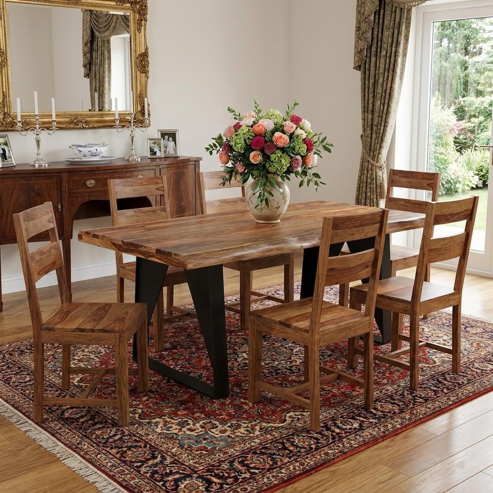 Seven Piece Brown and Black Solid Wood Dining Set with Six Chairs in a home interior