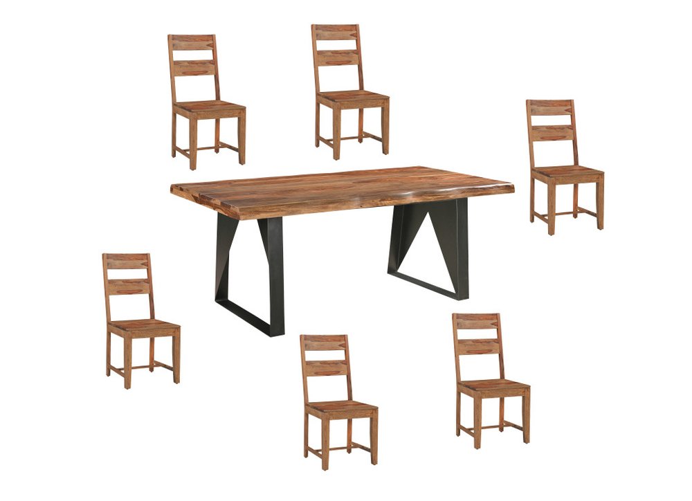 Brown solid wood dining table with black metal legs and six matching chairs on a white background.