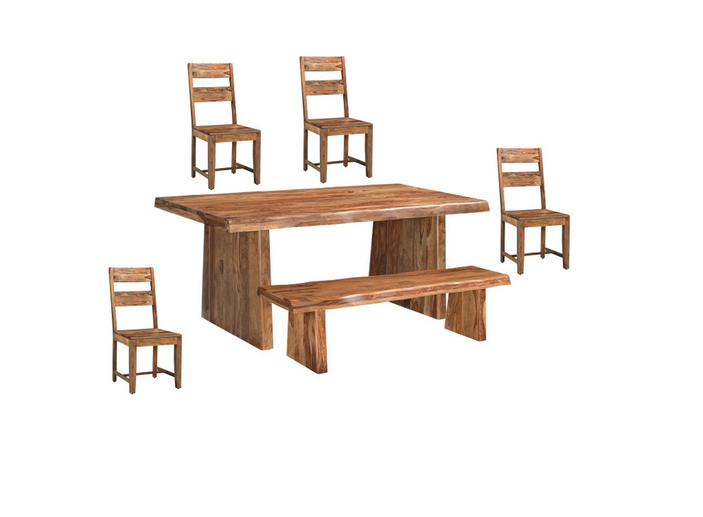 Six Piece Brown Solid Wood Dining Set with Four Chairs on a white background