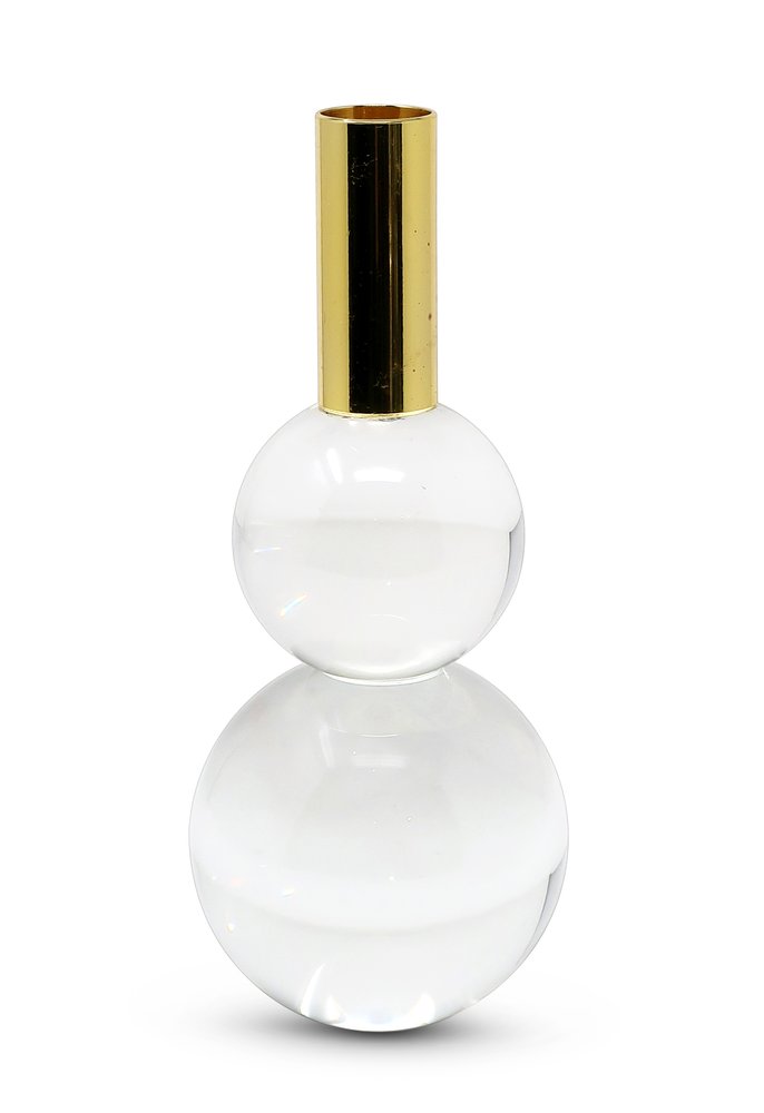 Clear glass orb candlestick with a gold top, on a white background.