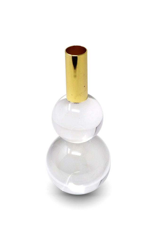 Set of Two Clear And Gold Geo Orbs Crystal Tabletop Taper Candlesticks on a white background