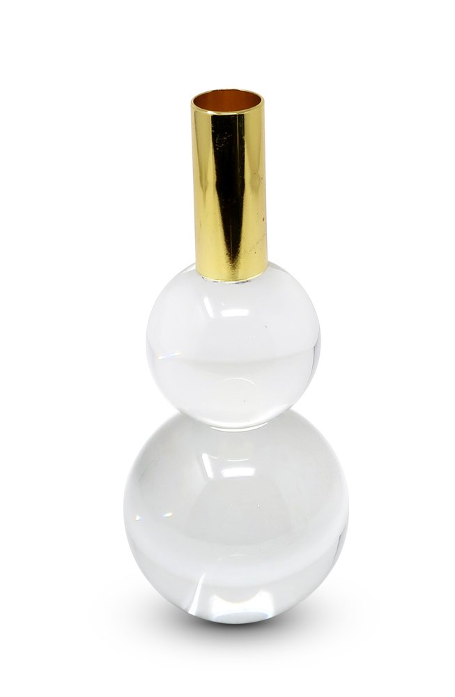 Set of Two Clear And Gold Geo Orbs Crystal Tabletop Taper Candlesticks on a white background