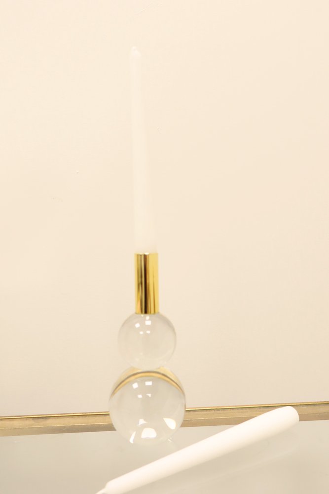 Set of Two Clear And Gold Geo Orbs Crystal Tabletop Taper Candlesticks close-up detail