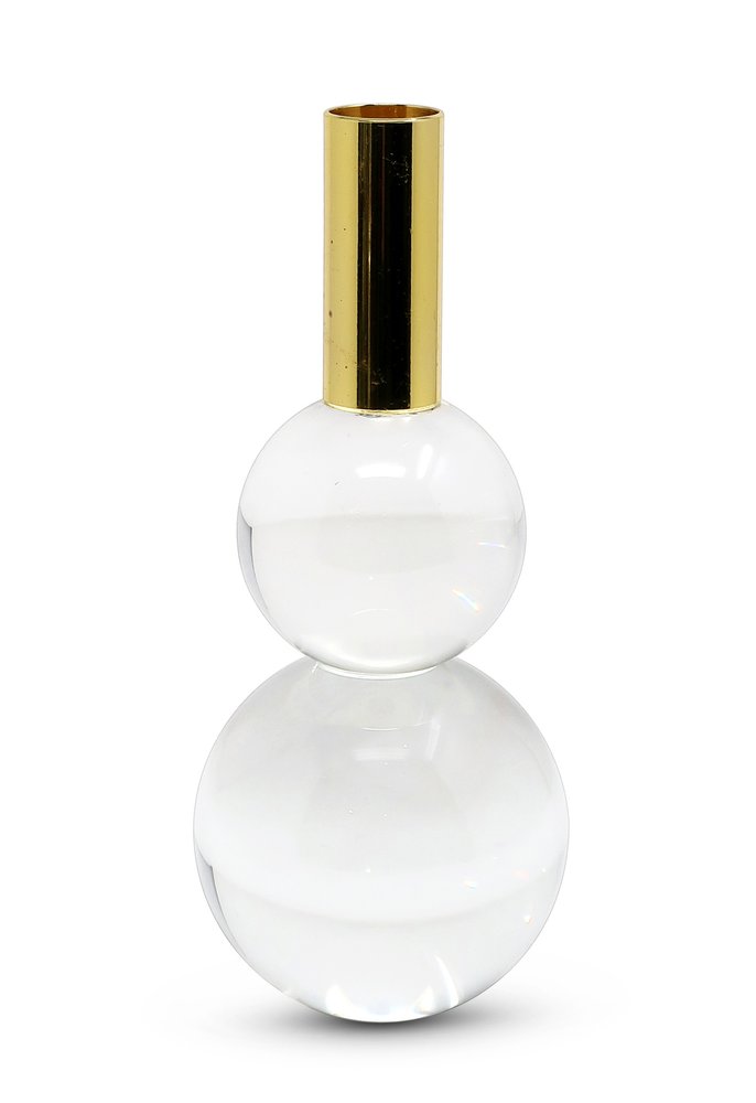 Set of Two Clear And Gold Geo Orbs Crystal Tabletop Taper Candlesticks on a white background