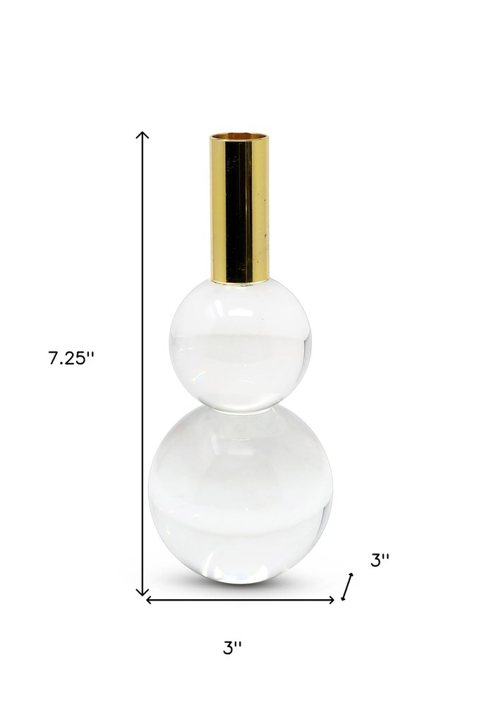Set of Two Clear And Gold Geo Orbs Crystal Tabletop Taper Candlesticks on a white background