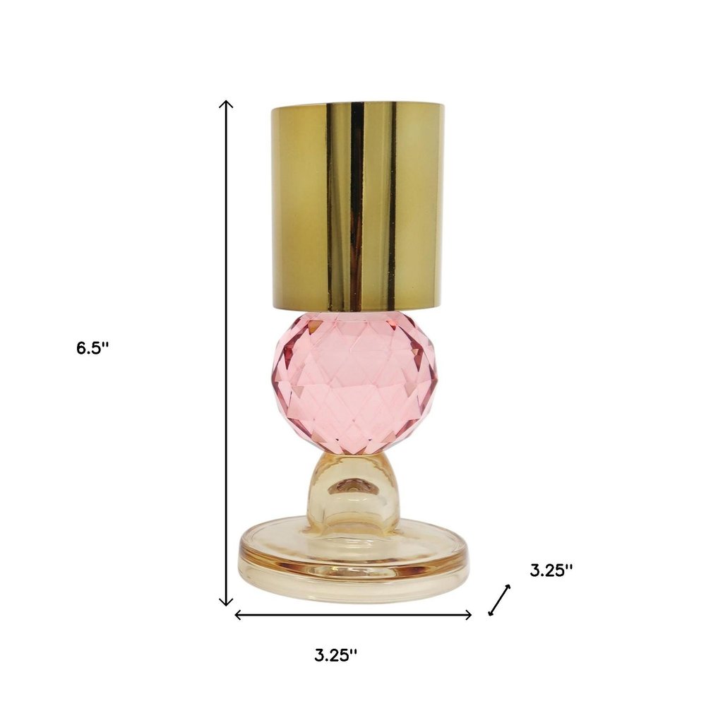 Set of Two Amber Gold And Pink Faceted Crystal Tabletop Taper Candlesticks on a white background