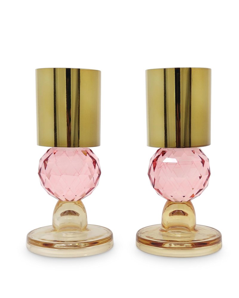 Set of Two Amber Gold And Pink Faceted Crystal Tabletop Taper Candlesticks on a white background